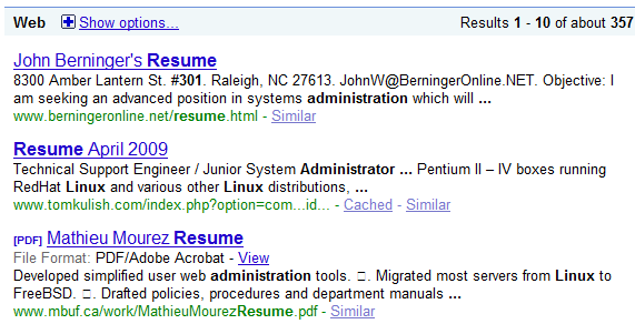 Search string for google resume